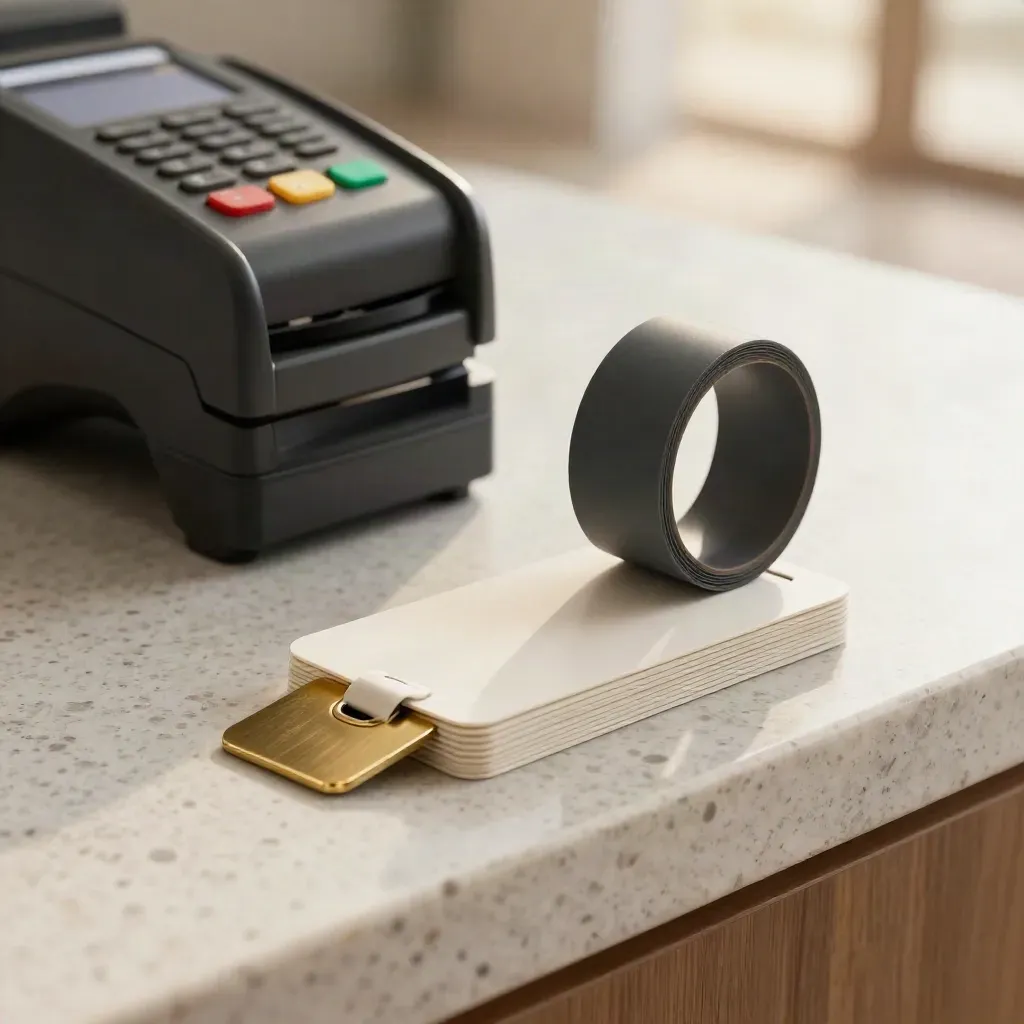 Ticket wristbands, pass sleeves, brass token, and dock on travertine, shot in motion