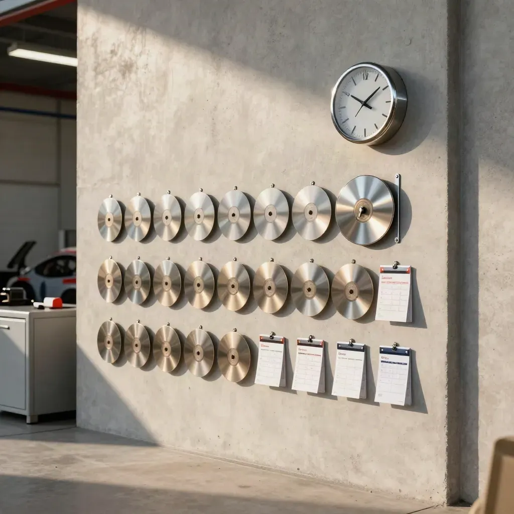 Magnetic rally calendar wall with steel discs and a timing clock in a garage corner.