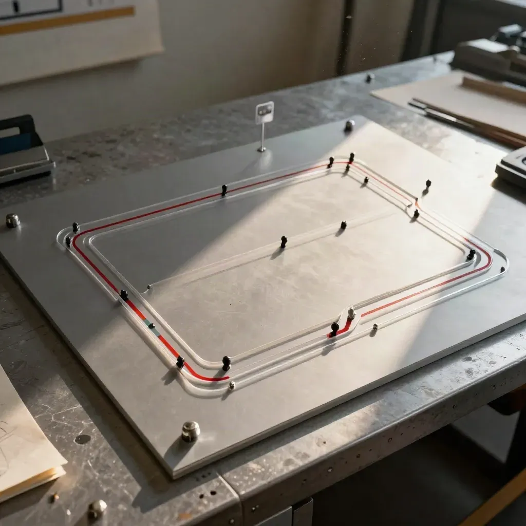 Top-down route map panel with acetate strips and metal pins on an aluminium workbench.