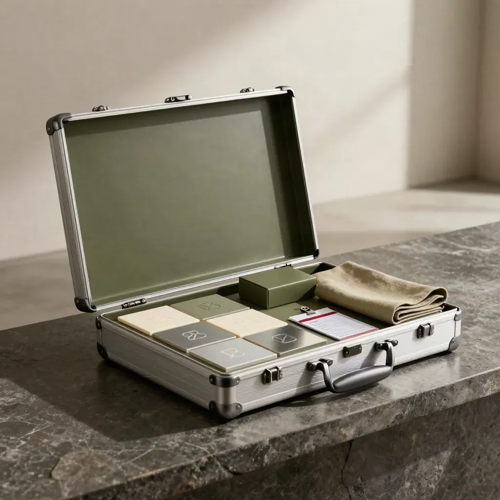 Open sponsor case with premium rally deck materials on a dark stone counter in moody light.