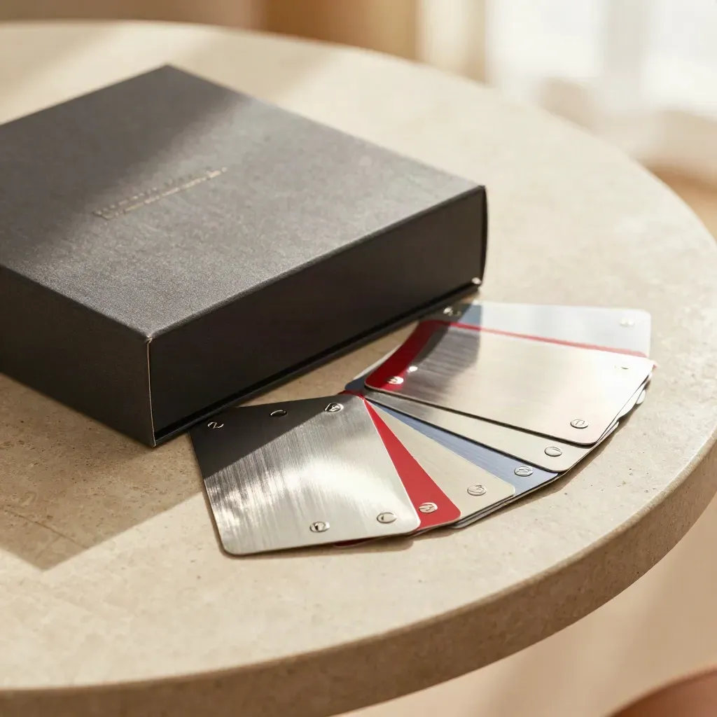 Open sponsor deck box with foil cards, badge sleeves, and metallic chips on stone