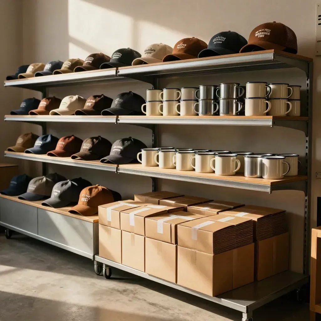 Stocked rally merch shelves with caps, mugs, cartons and bins in warm retail light.