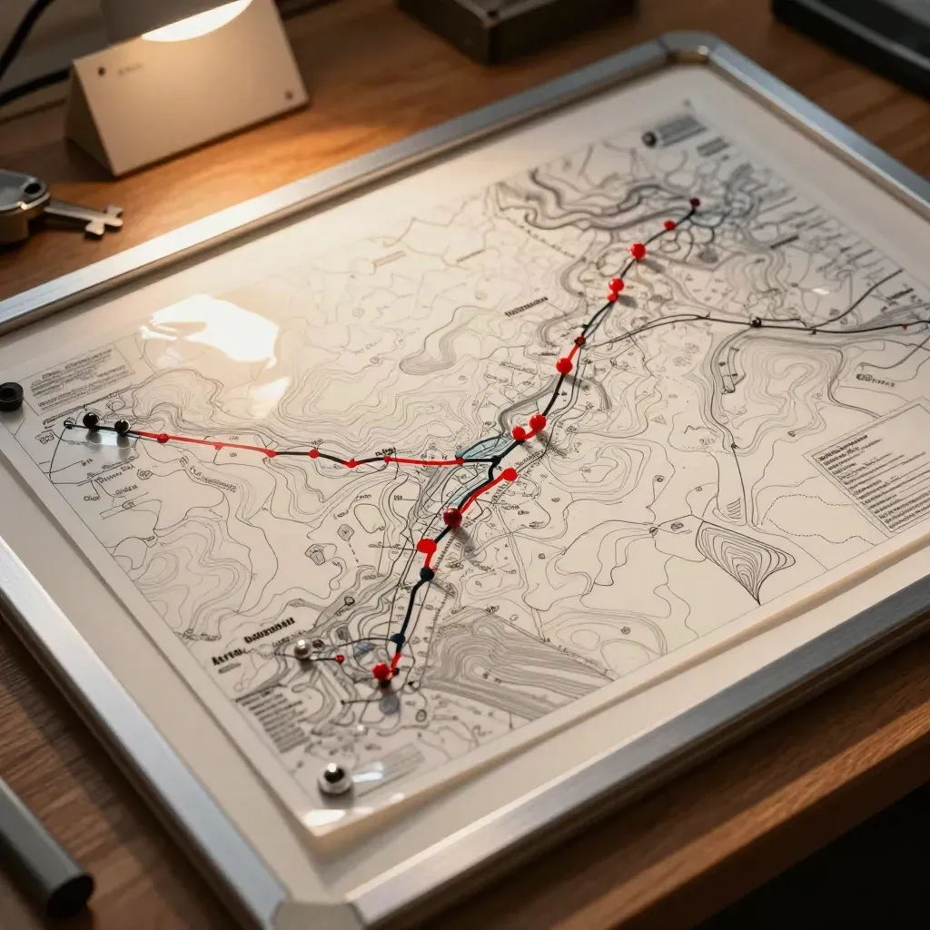 Topographic acetate overlays and route pins on a map lightbox under dramatic desk-lamp glow.