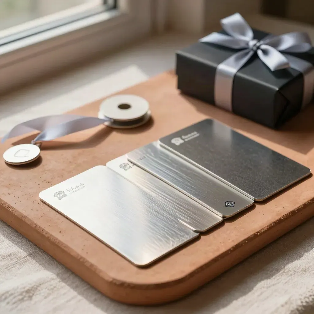 Foil sample cards, a satin ribbon spool, and a premium gift box on terracotta clay.