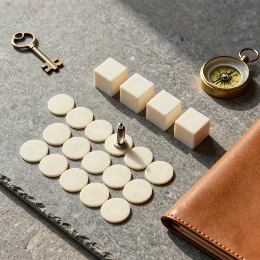 Flat lay of rally planning objects on stone: route chips, calendar cubes, compass, and leather folio.