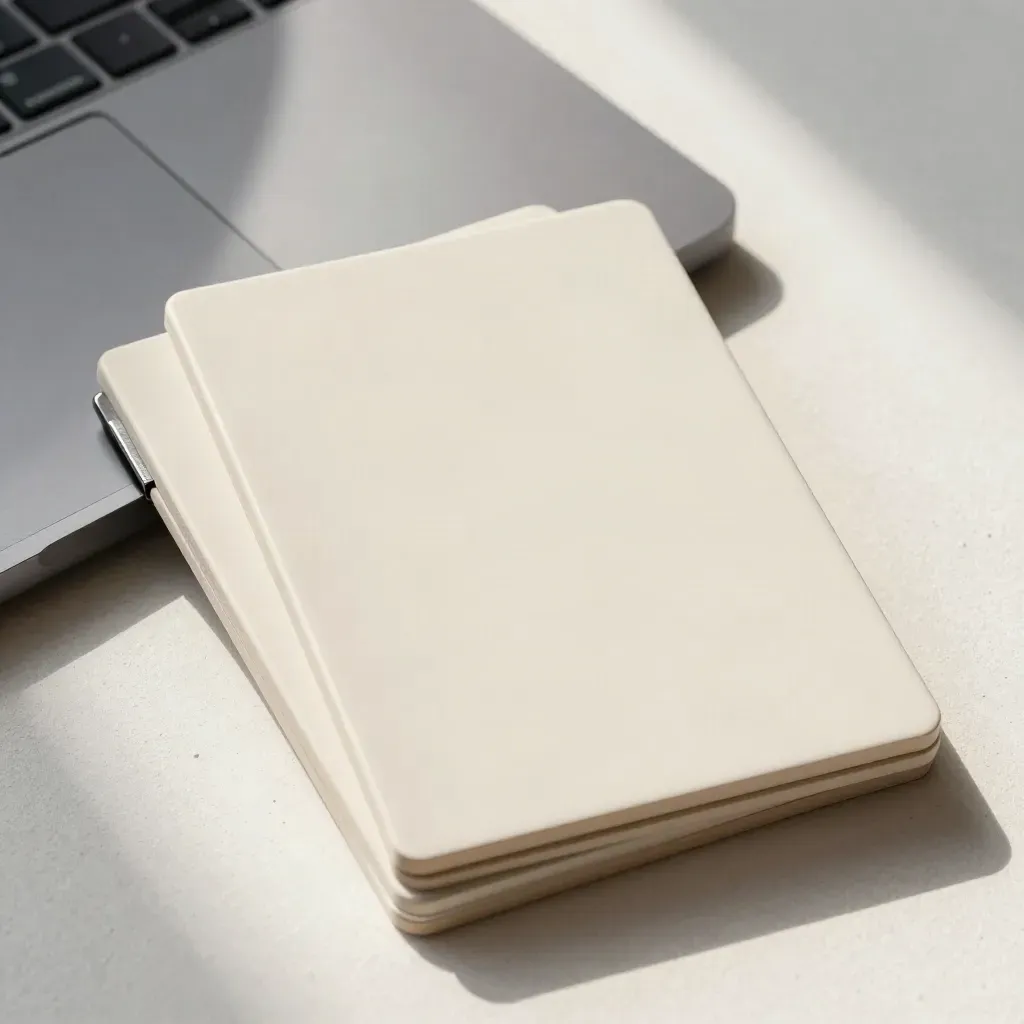 Blank mockup tiles, shut laptop, cable clips, and tabs on a pale plaster desk in soft side light.