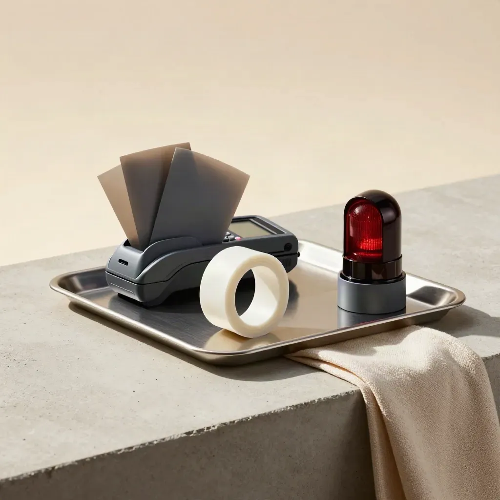 Wristband roll, pass sleeves, payment dock and signal lamp on a brushed aluminium tray