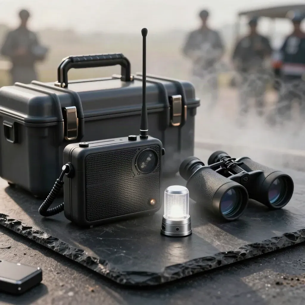 Matte-black rally radio kit with glowing beacon, case, binoculars and battery pack