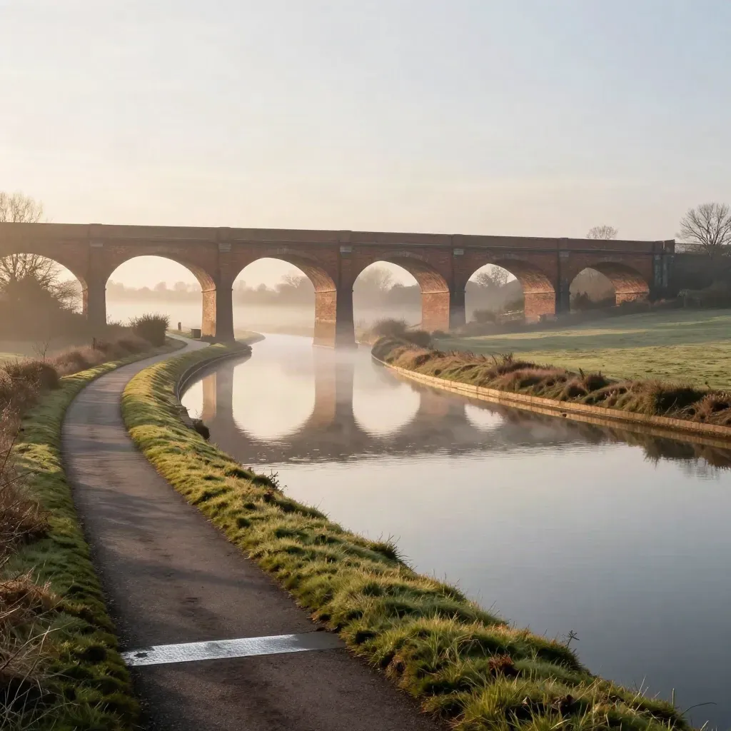 Midlands canal, red-brick viaducts, misty water, and golden sunrise over fields